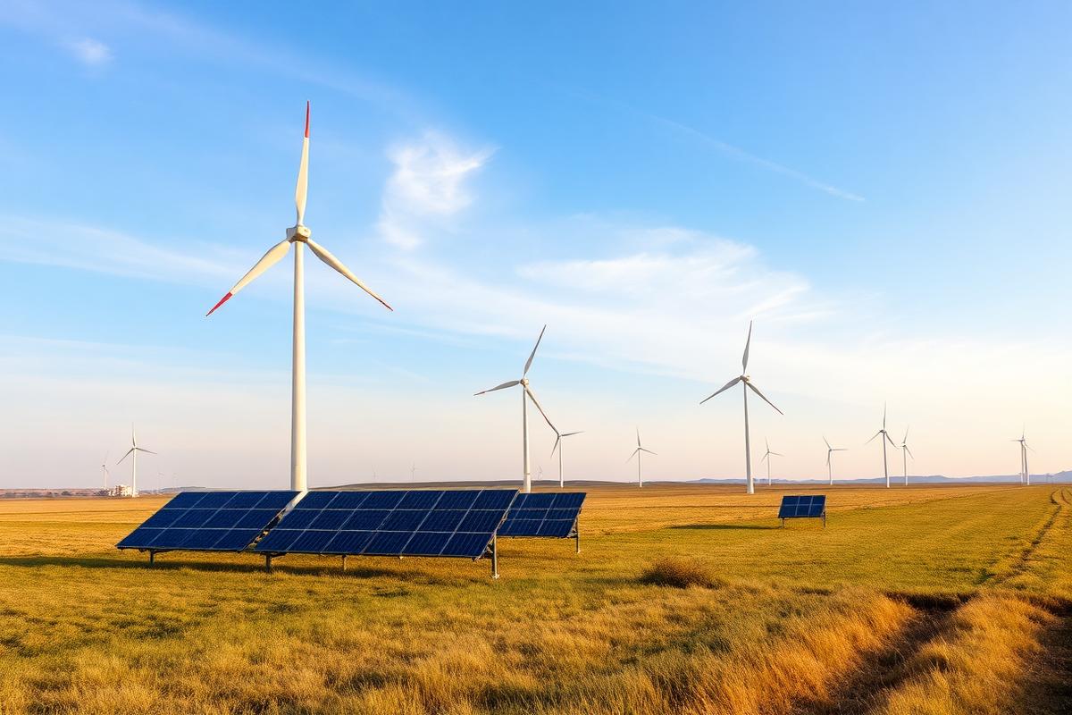 Wind turbines and solar panels on open rural grassland